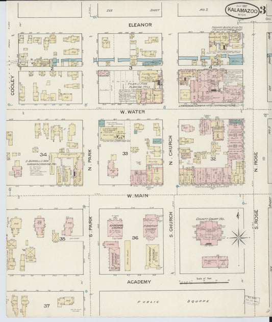 Sanborn Fire Insurance Map from Kalamazoo, Kalamazoo County, Michigan (1887), Sheet #0003 - Historic Sanborn Fire Insurance Map Print, vintage old map wall art, antique decor, genealogy gift, Michigan Michigan map