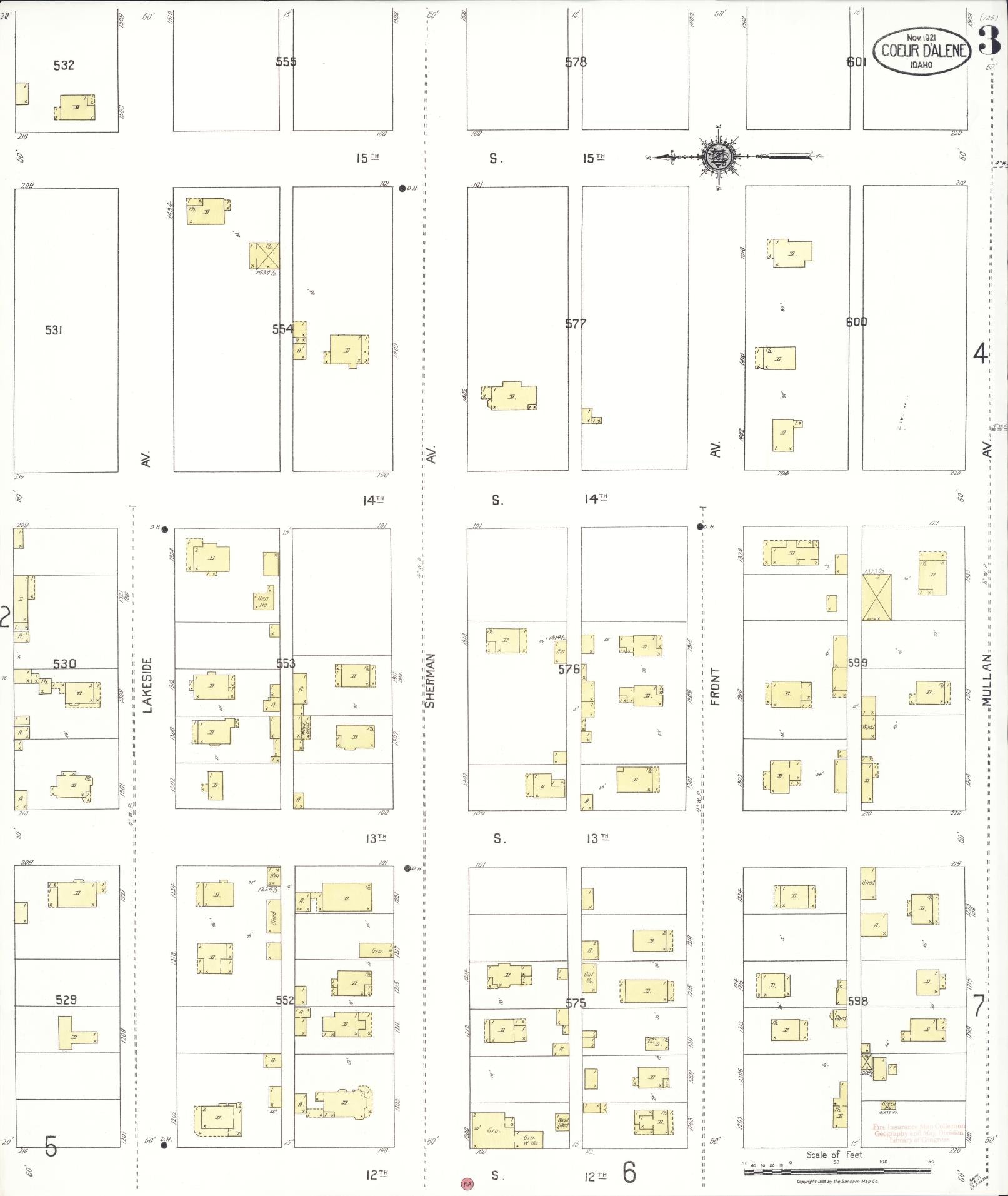 Sanborn Fire Insurance Map from Coeur D'alene, Kootenai County, Idaho (1921), Sheet #0003 - Complete Map Set gallery image, historic Sanborn map, vintage wall art, Idaho Idaho