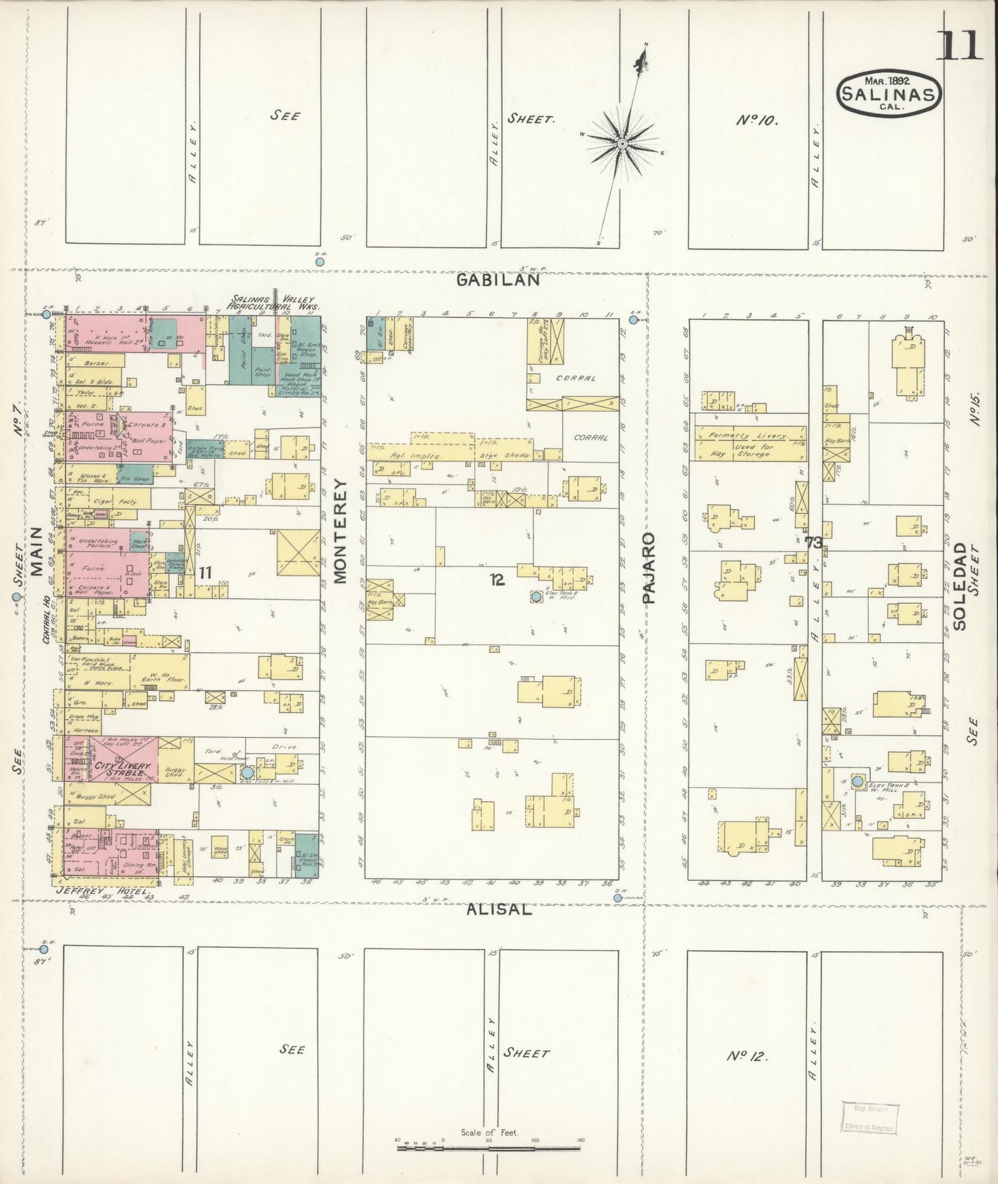 Sanborn Fire Insurance Map from Salinas, Monterey County, California (1892), Sheet #0011 - Complete Map Set gallery image, historic Sanborn map, vintage wall art, California California