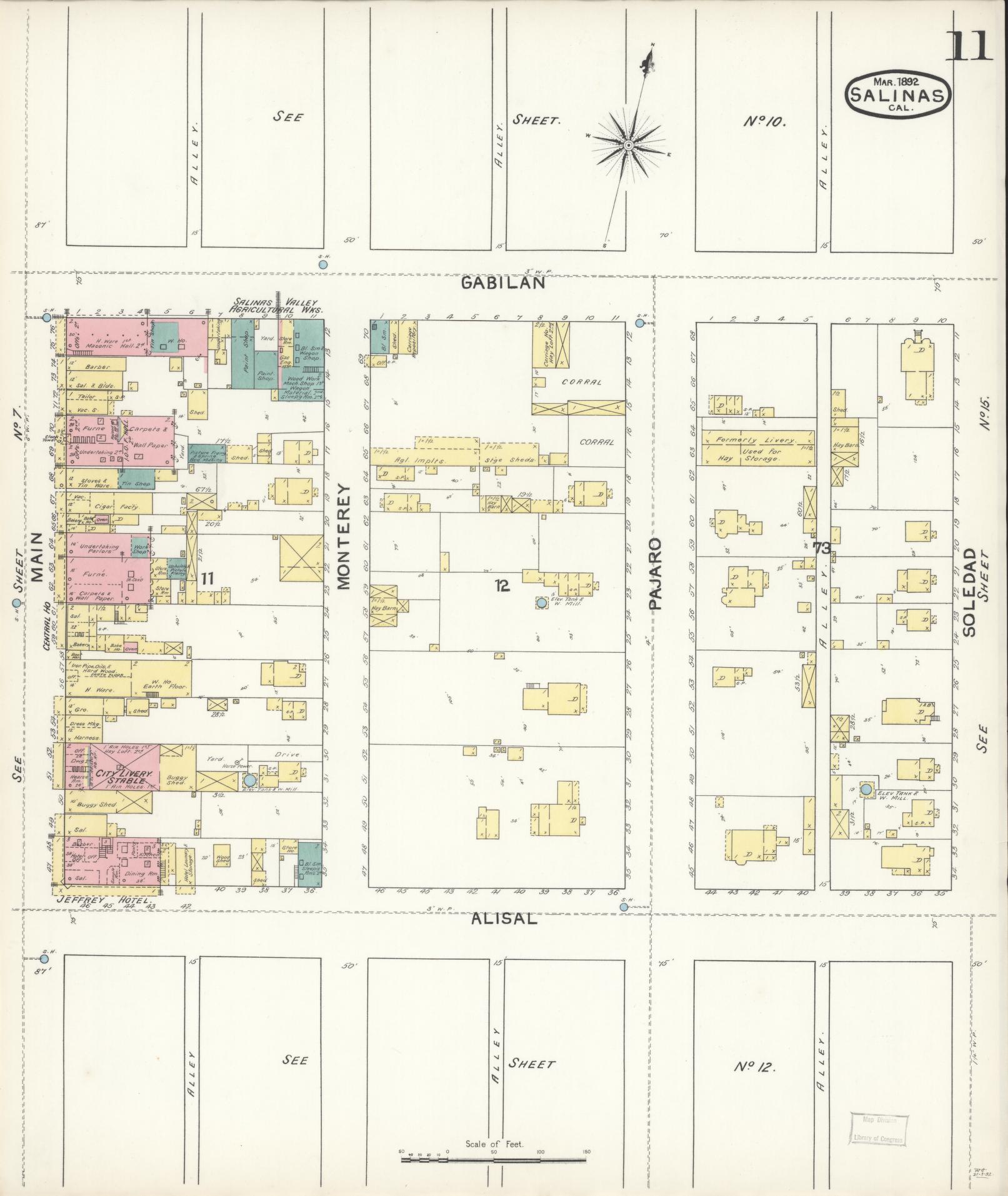 Sanborn Fire Insurance Map from Salinas, Monterey County, California (1892), Sheet #0011 - Complete Map Set gallery image, historic Sanborn map, vintage wall art, California California