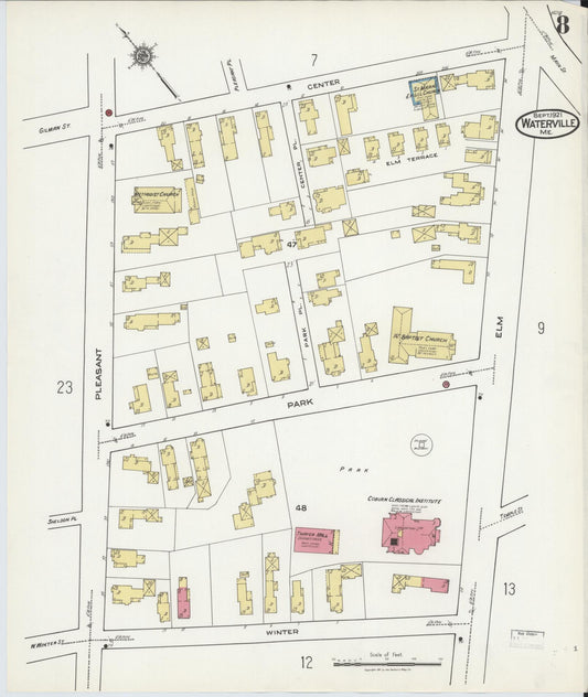 Sanborn Fire Insurance Map from Waterville, Kennebec County, Maine (1921), Sheet #0008 - Historic Sanborn Fire Insurance Map Print, vintage old map wall art, antique decor, genealogy gift, Maine Maine map