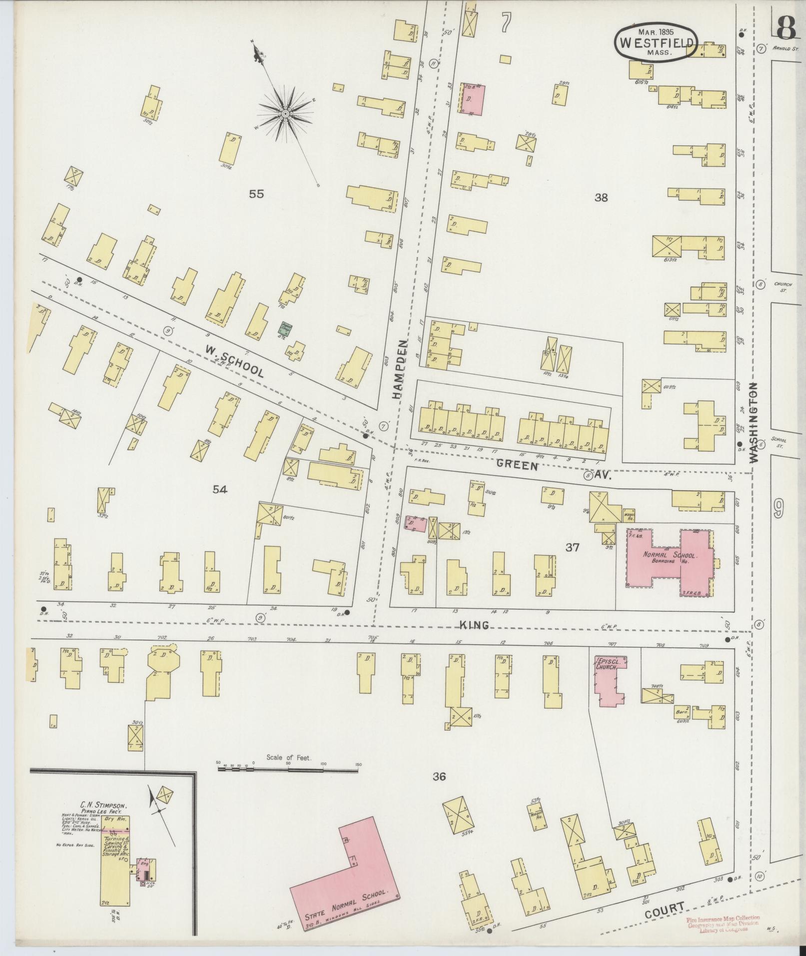 Sanborn Fire Insurance Map from Westfield, Hampden County, Massachusetts (1895), Sheet #0008 - Historic Sanborn Fire Insurance Map Print, vintage old map wall art, antique decor, genealogy gift, Massachusetts Massachusetts map