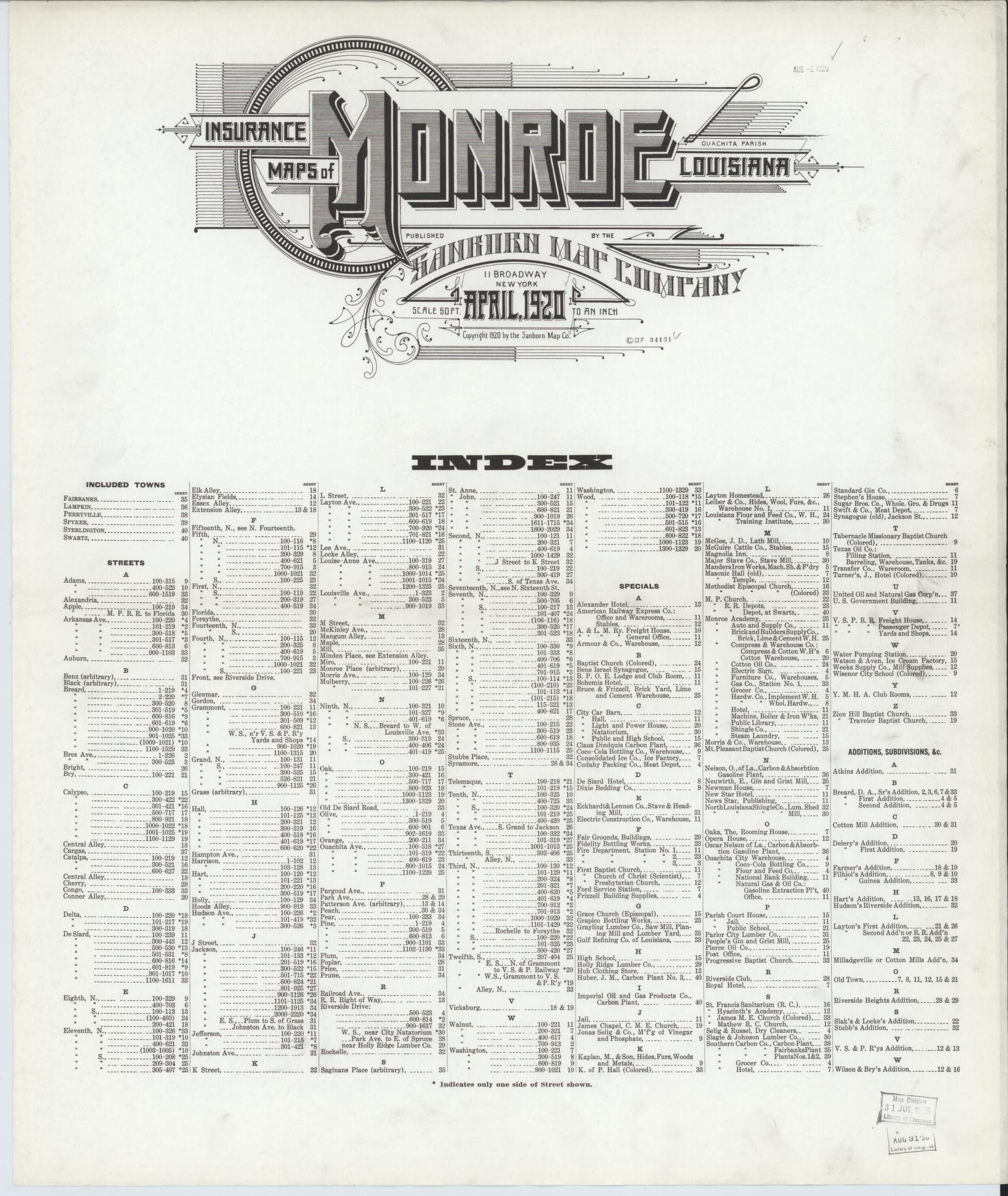 Sanborn Fire Insurance Map from Monroe, Ouachita Parish, Louisiana. (1920) – Historic Sanborn Fire Insurance Map Print