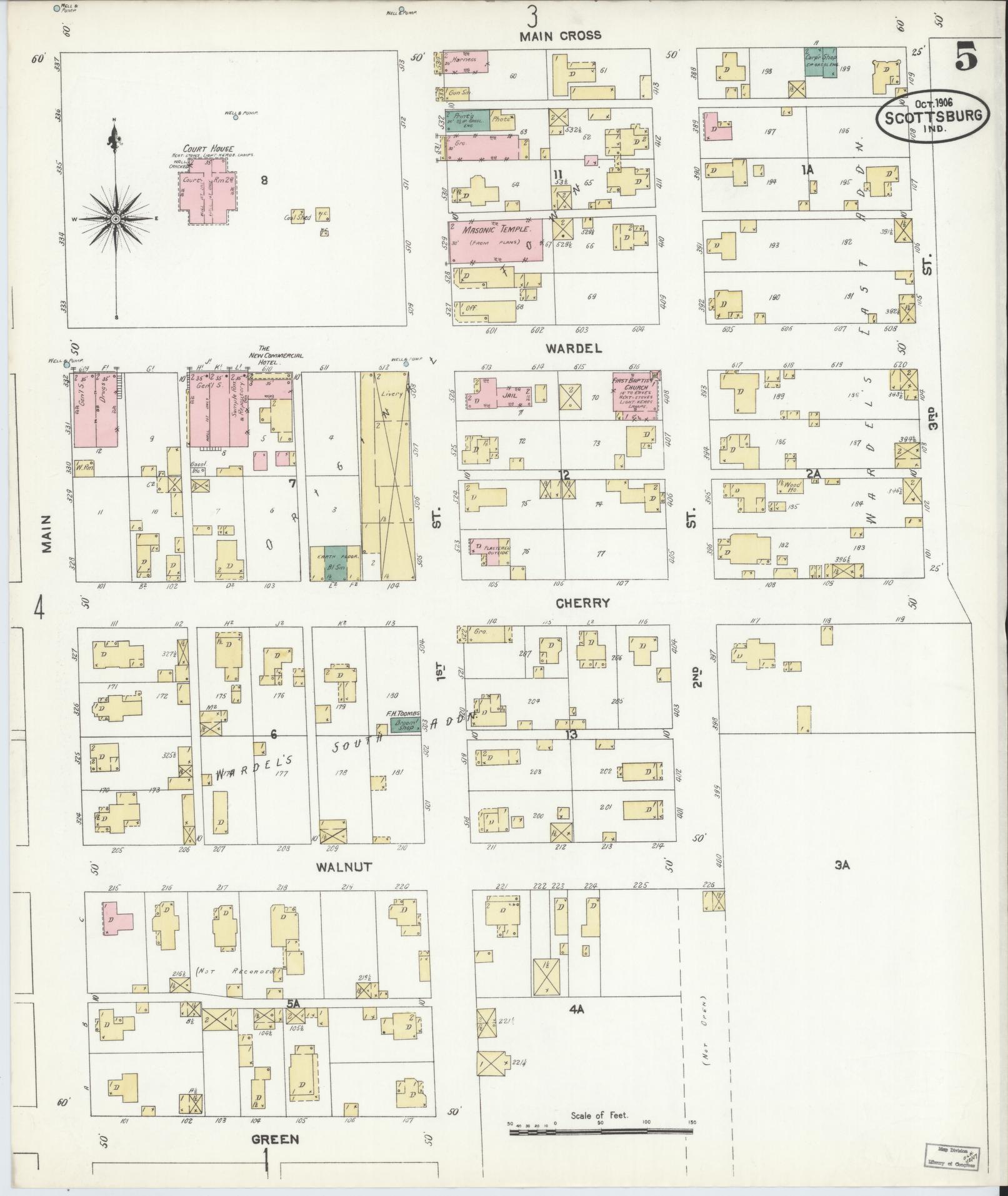 Sanborn Fire Insurance Map from Scottsburg, Scott County, Indiana (1906), Sheet #0005 - Historic Sanborn Fire Insurance Map Print, vintage old map wall art, antique decor, genealogy gift, Indiana Indiana map
