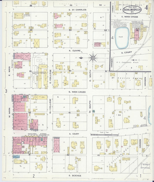 Sanborn Fire Insurance Map from Bowling Green, Pike County, Missouri (1909), Sheet #0004 - Historic Sanborn Fire Insurance Map Print, vintage old map wall art, antique decor, genealogy gift, Missouri Missouri map
