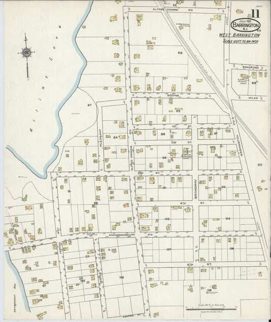 Sanborn Fire Insurance Map from Barrington, Bristol County, Rhode Island (1921), Sheet #0011 - Historic Sanborn Fire Insurance Map Print, vintage old map wall art, antique decor, genealogy gift, Rhode Island Rhode Island map