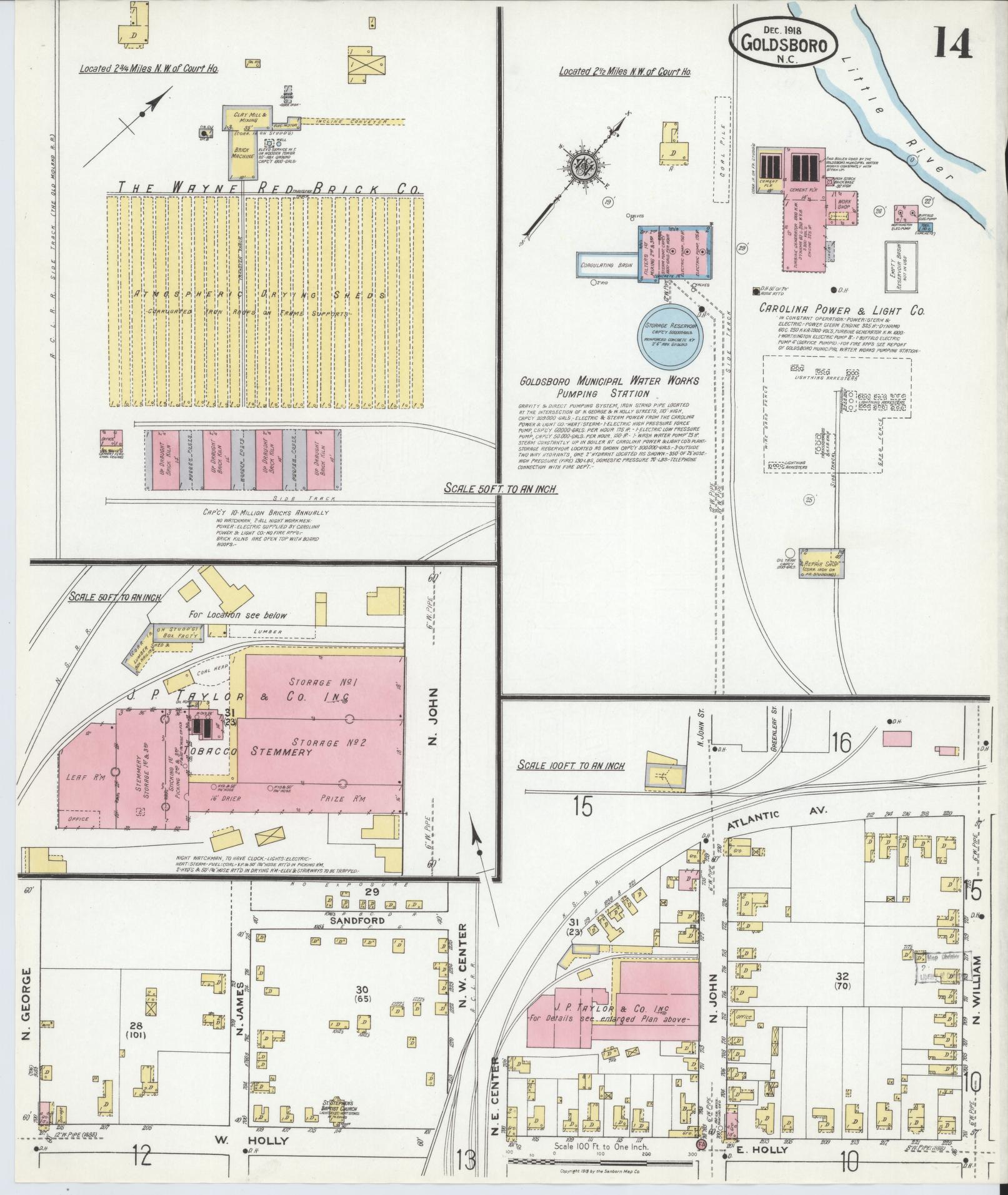 Sanborn Fire Insurance Map from Goldsboro, Wayne County, North Carolina (1918), Sheet #0014 - Complete Map Set gallery image, historic Sanborn map, vintage wall art, North Carolina North Carolina