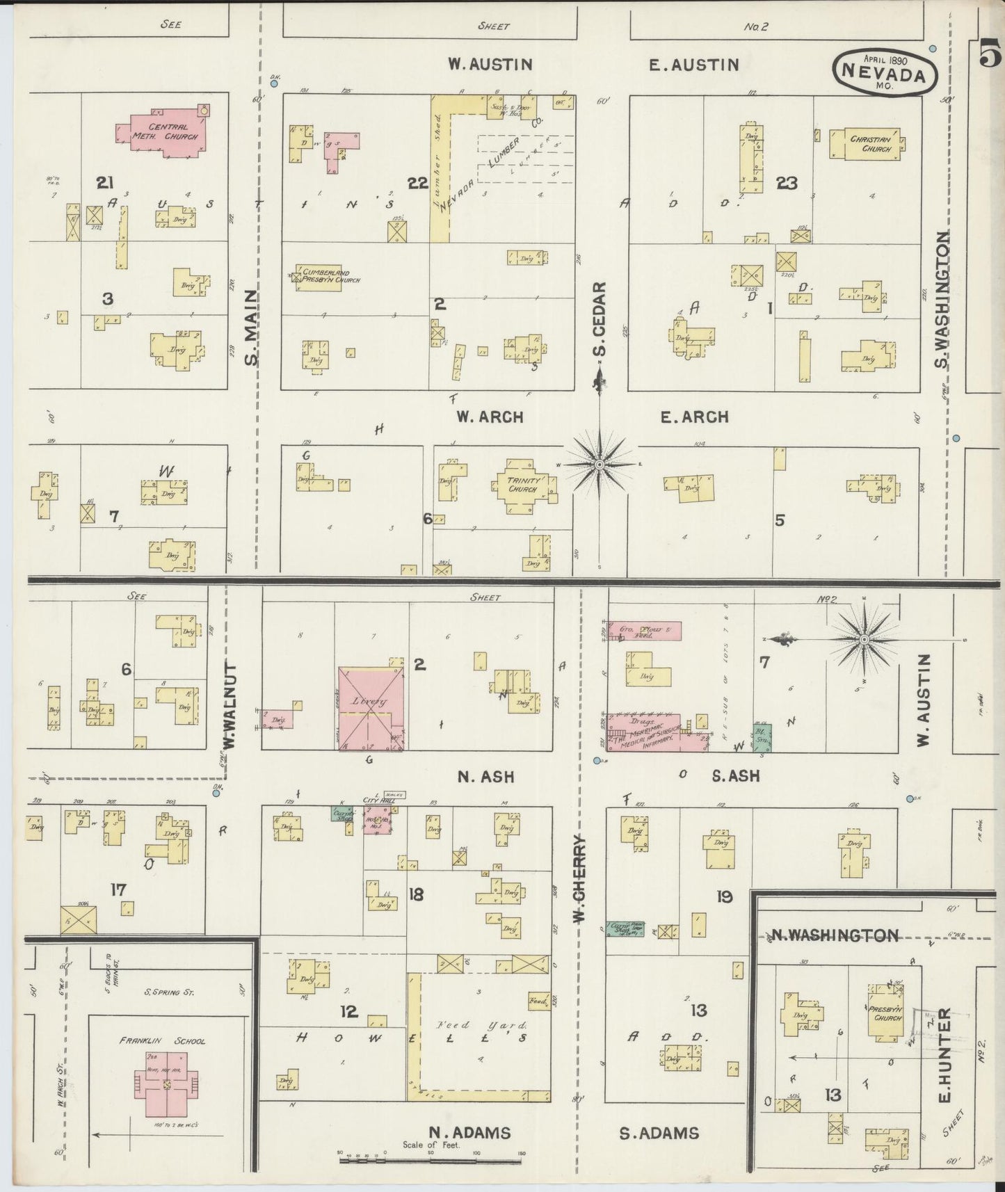 Sanborn Fire Insurance Map from Nevada, Vernon County, Missouri (1890), Sheet #0005 - Historic Sanborn Fire Insurance Map Print, vintage old map wall art, antique decor, genealogy gift, Nevada Nevada map