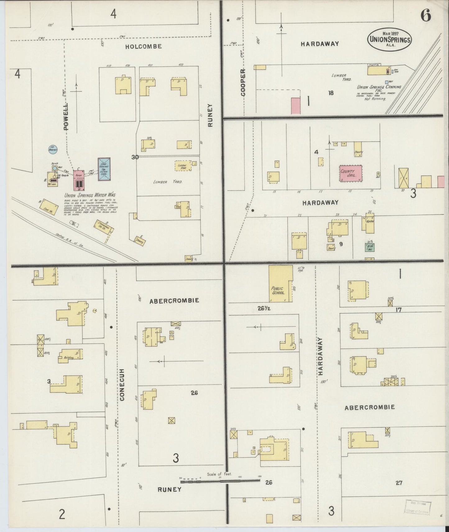 Sanborn Fire Insurance Map from Union Springs, Bullock County, Alabama (1897), Sheet #0006 - Complete Map Set gallery image, historic Sanborn map, vintage wall art, Alabama Alabama