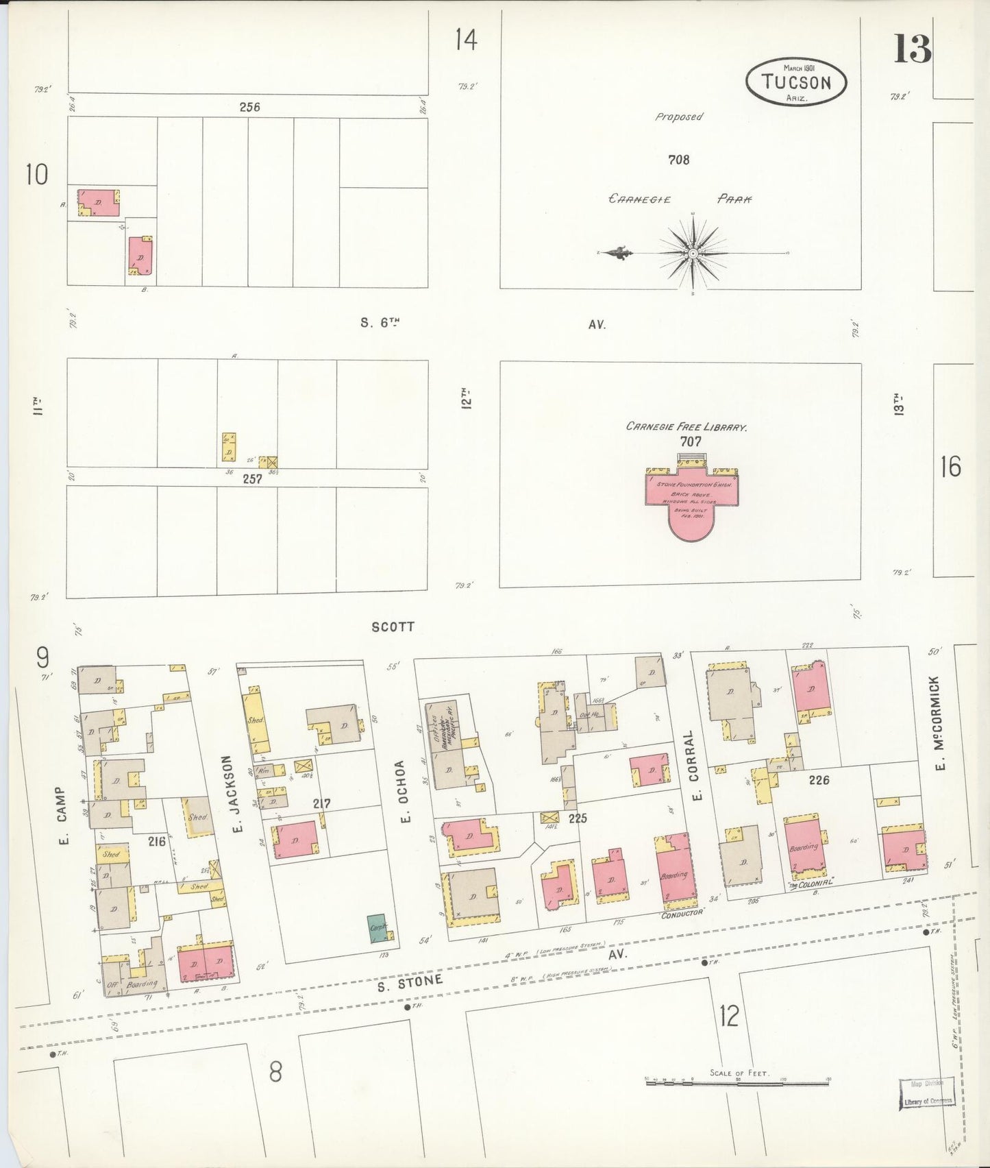 Sanborn Fire Insurance Map from Tucson, Pima County, Arizona (1901), Sheet #0013 - Historic Sanborn Fire Insurance Map Print, vintage old map wall art, antique decor, genealogy gift, Arizona Arizona map