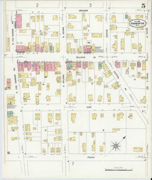 Sanborn Fire Insurance Map from Hammonton, Atlantic County, New Jersey (1908), Sheet #0005 - Historic Sanborn Fire Insurance Map Print, vintage old map wall art, antique decor, genealogy gift, New Jersey New Jersey map