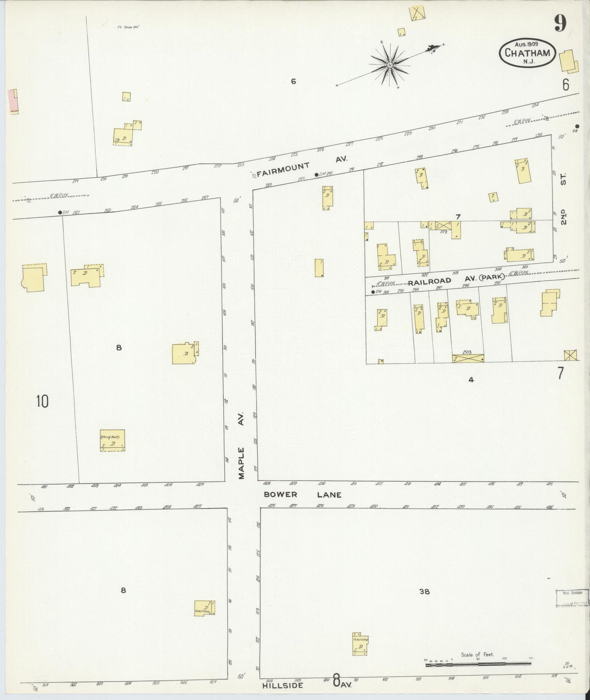 Sanborn Fire Insurance Map from Chatham, Morris County, New Jersey (1909), Sheet #0009 - Complete Map Set gallery image, historic Sanborn map, vintage wall art, New Jersey New Jersey