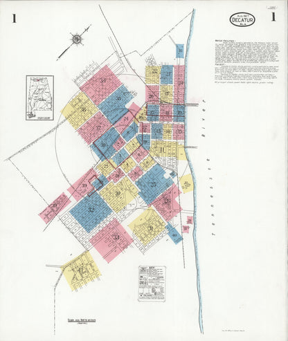 Sanborn Fire Insurance Map from Decatur, Morgan County, Alabama (1927), Sheet #0001 - Complete Map Set gallery image, historic Sanborn map, vintage wall art, Alabama Alabama