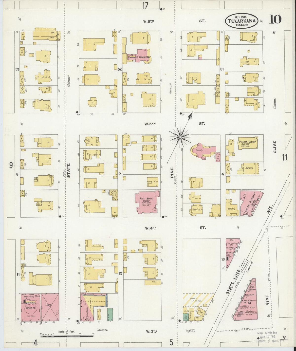 Sanborn Fire Insurance Map from Texarkana, Bowie County, Texas (1905), Sheet #0010 - Historic Sanborn Fire Insurance Map Print, vintage old map wall art, antique decor, genealogy gift, Texas Texas map