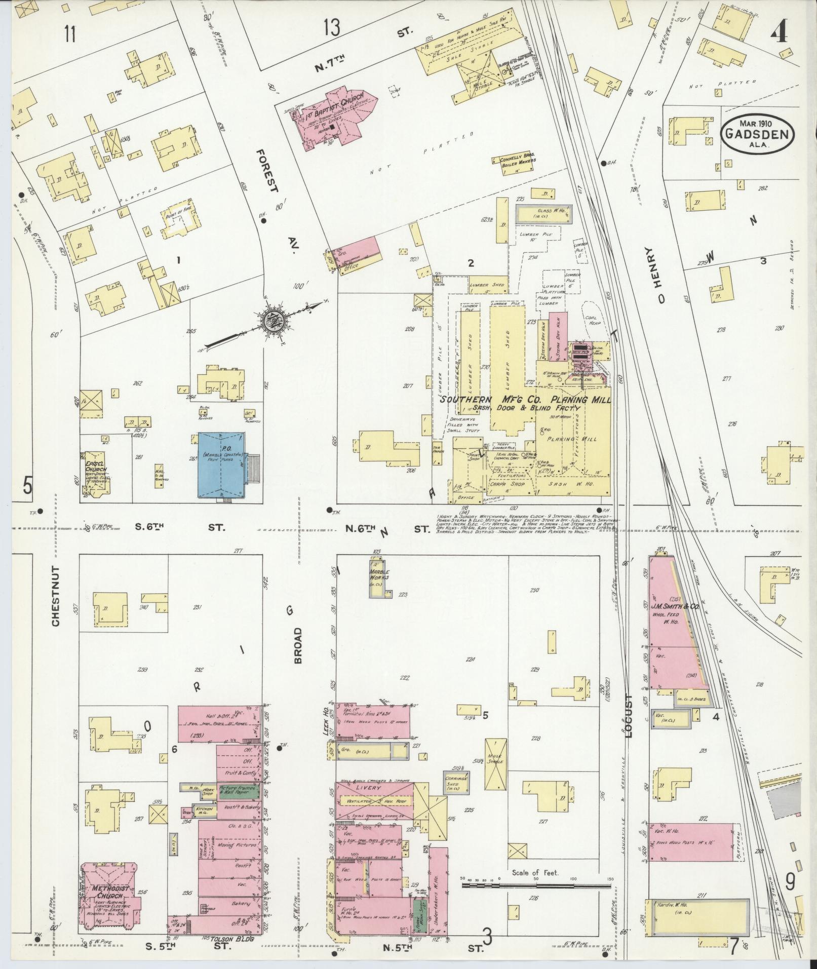 Sanborn Fire Insurance Map from Gadsden, Etowah County, Alabama (1910), Sheet #0004 - Historic Sanborn Fire Insurance Map Print, vintage old map wall art, antique decor, genealogy gift, Alabama Alabama map