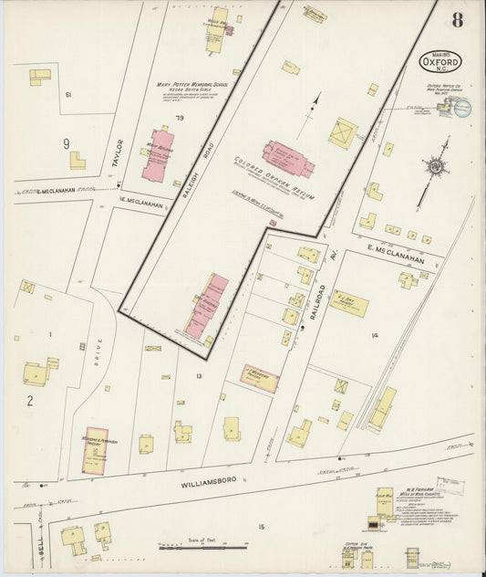 Sanborn Fire Insurance Map from Oxford, Granville County, North Carolina (1915), Sheet #0008 - Historic Sanborn Fire Insurance Map Print, vintage old map wall art, antique decor, genealogy gift, North Carolina North Carolina map