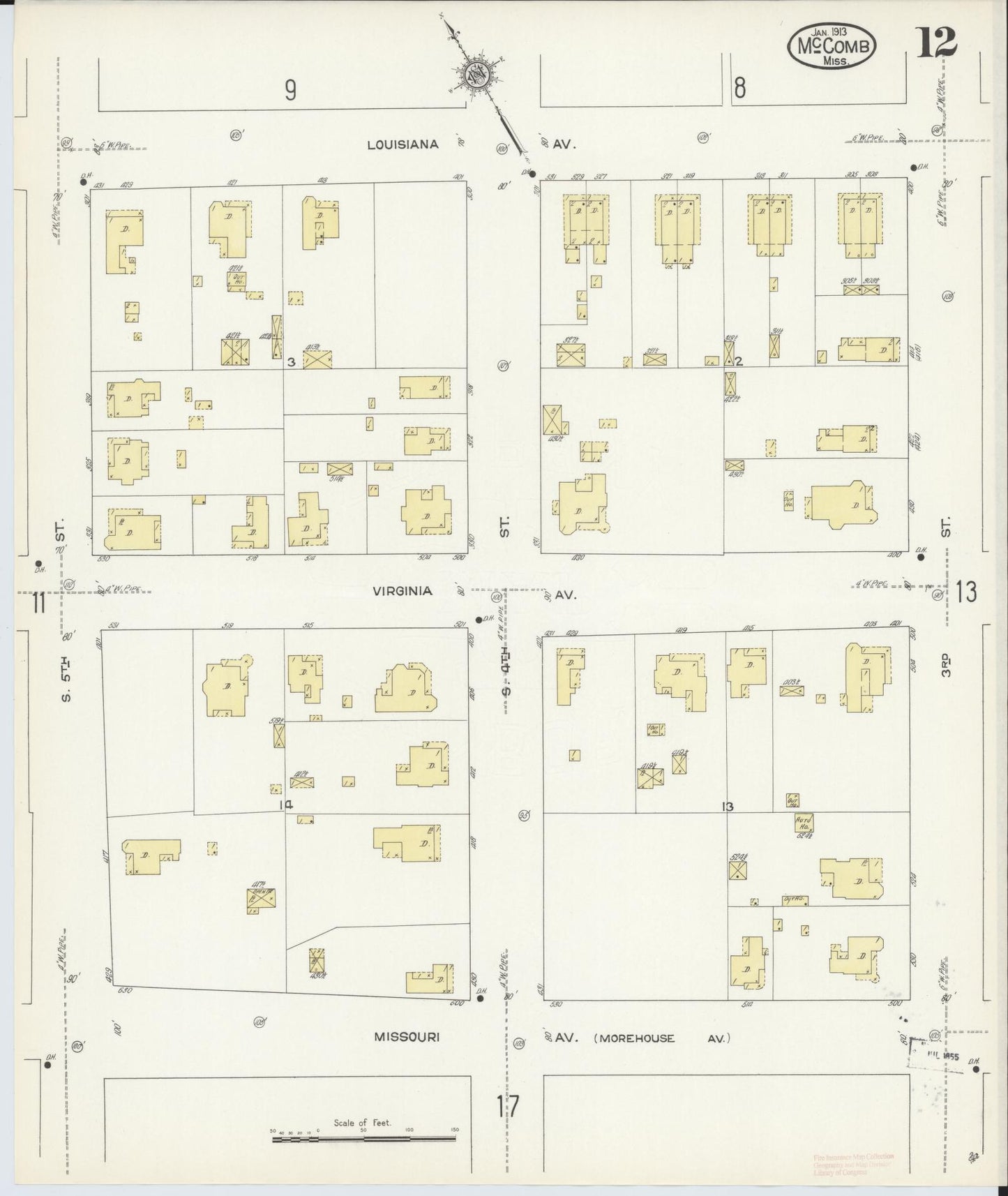 Sanborn Fire Insurance Map from McComb, Pike County, Mississippi (1913), Sheet #0012 - Complete Map Set gallery image, historic Sanborn map, vintage wall art, Mississippi Mississippi