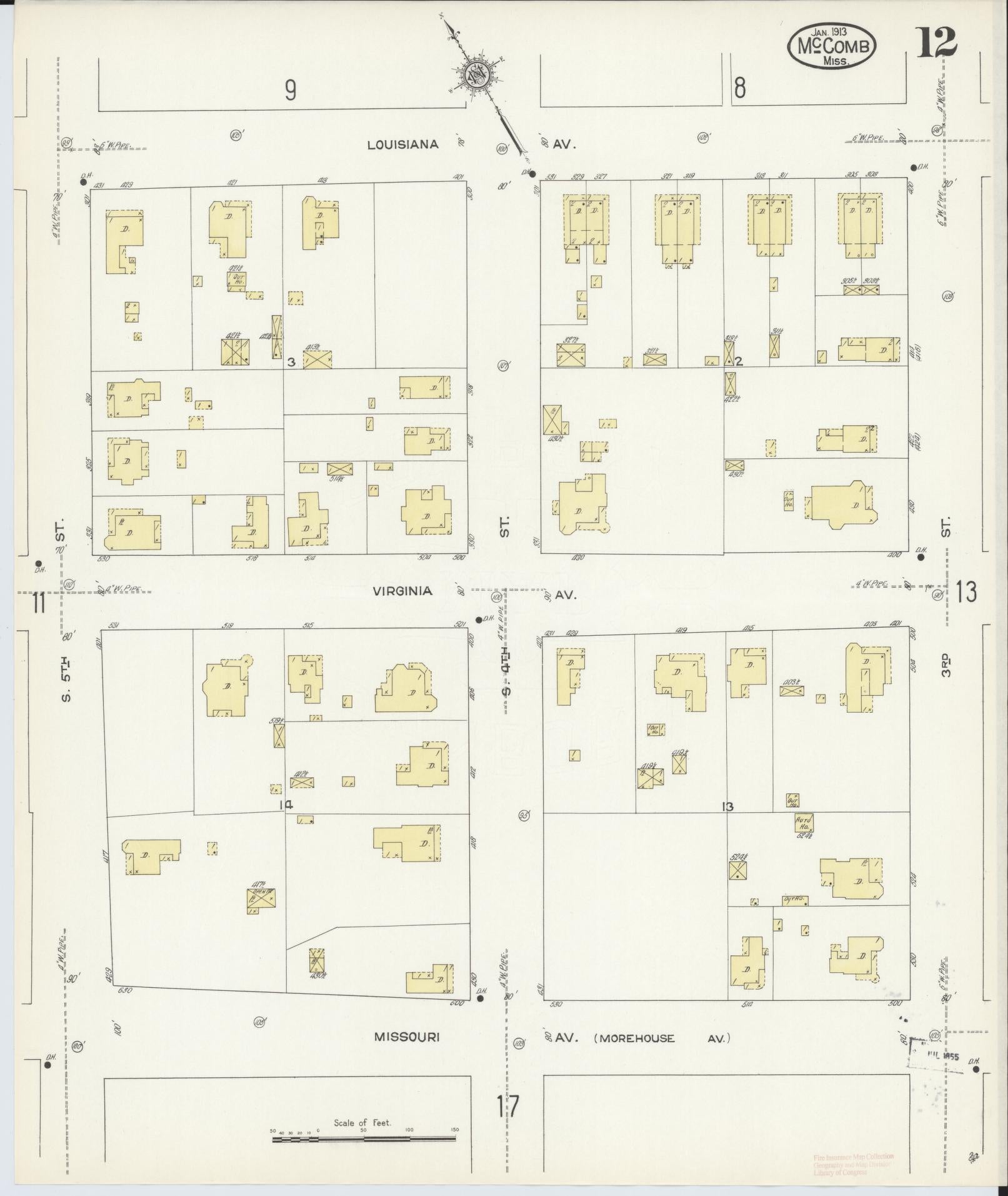Sanborn Fire Insurance Map from McComb, Pike County, Mississippi (1913), Sheet #0012 - Complete Map Set gallery image, historic Sanborn map, vintage wall art, Mississippi Mississippi