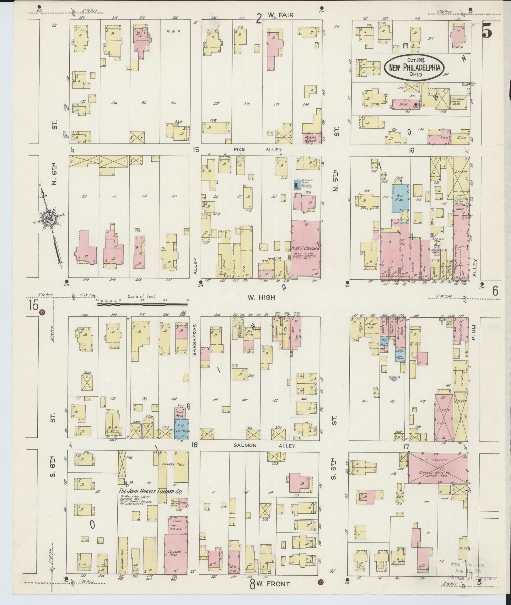 Sanborn Fire Insurance Map from New Philadelphia, Tuscarawas County, Ohio (1914), Sheet #0005 - Historic Sanborn Fire Insurance Map Print, vintage old map wall art, antique decor, genealogy gift, Ohio Ohio map