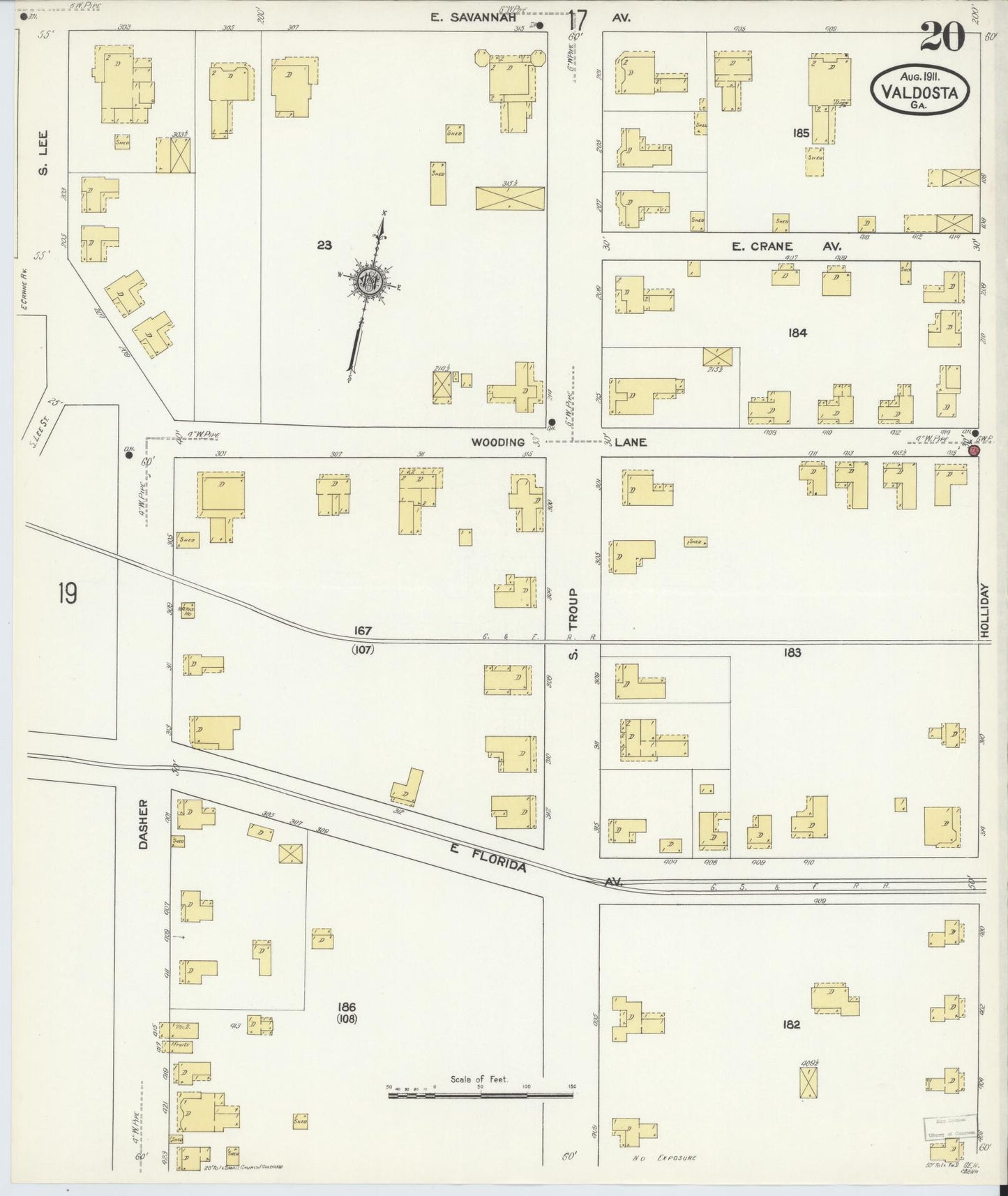 Sanborn Fire Insurance Map from Valdosta, Lowndes County, Georgia (1911), Sheet #0020 - Historic Sanborn Fire Insurance Map Print, vintage old map wall art, antique decor, genealogy gift, Georgia Georgia map