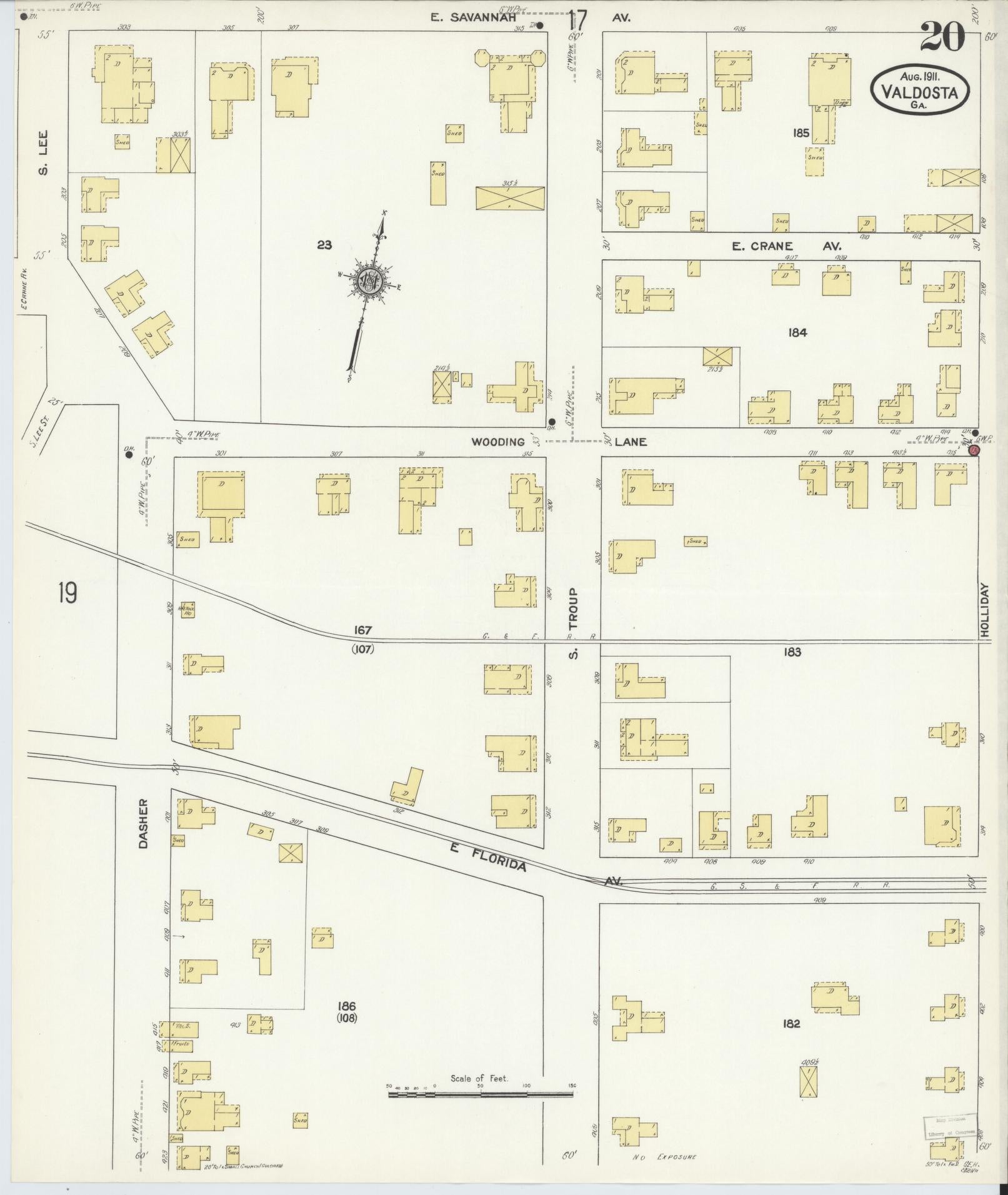 Sanborn Fire Insurance Map from Valdosta, Lowndes County, Georgia (1911), Sheet #0020 - Historic Sanborn Fire Insurance Map Print, vintage old map wall art, antique decor, genealogy gift, Georgia Georgia map