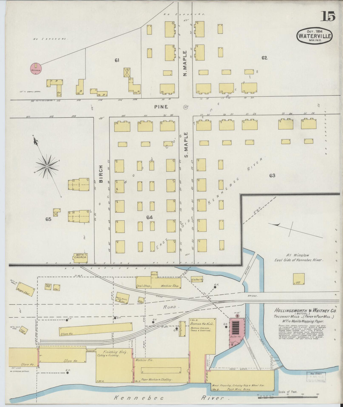 Sanborn Fire Insurance Map from Waterville, Kennebec County, Maine (1894), Sheet #0015 - Historic Sanborn Fire Insurance Map Print, vintage old map wall art, antique decor, genealogy gift, Maine Maine map