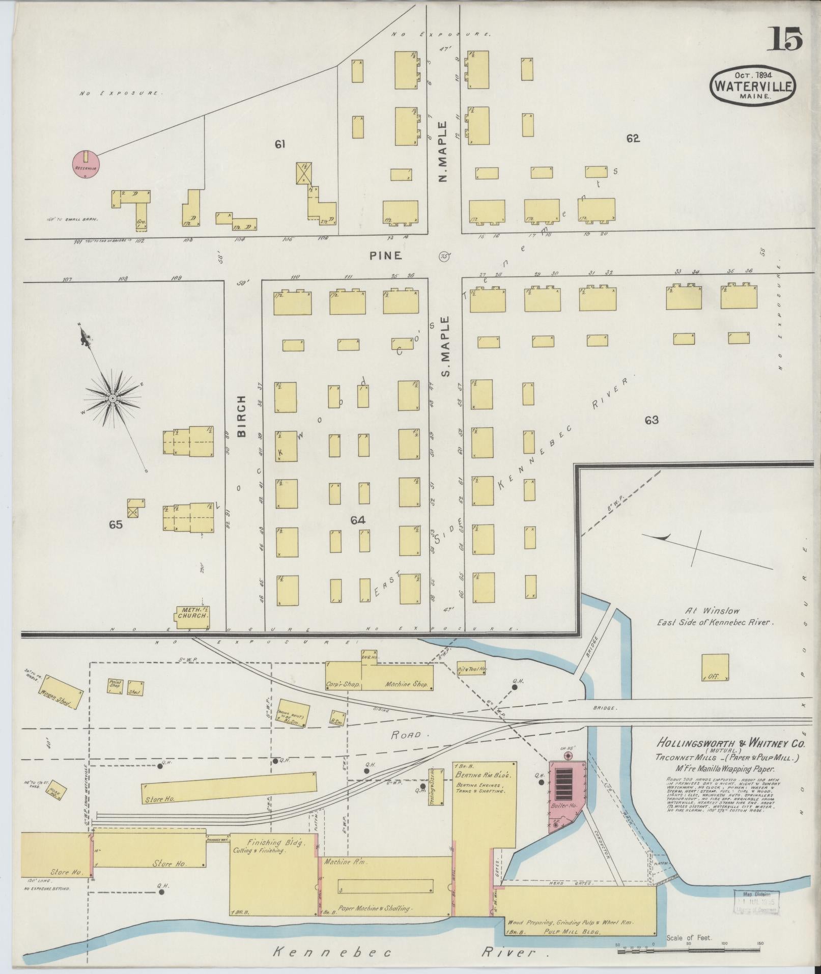 Sanborn Fire Insurance Map from Waterville, Kennebec County, Maine (1894), Sheet #0015 - Historic Sanborn Fire Insurance Map Print, vintage old map wall art, antique decor, genealogy gift, Maine Maine map