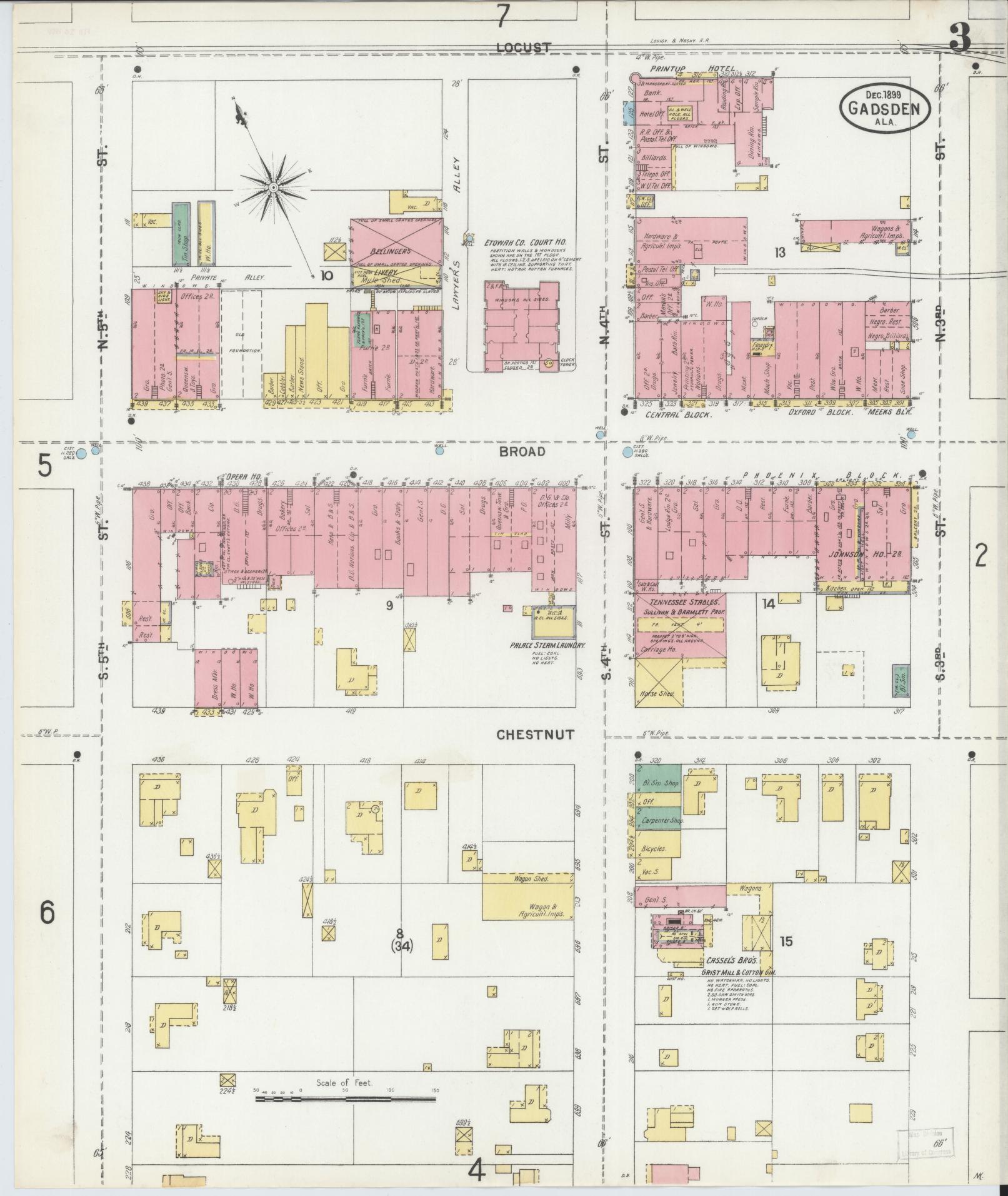 Sanborn Fire Insurance Map from Gadsden, Etowah County, Alabama (1899), Sheet #0003 - Complete Map Set gallery image, historic Sanborn map, vintage wall art, Alabama Alabama
