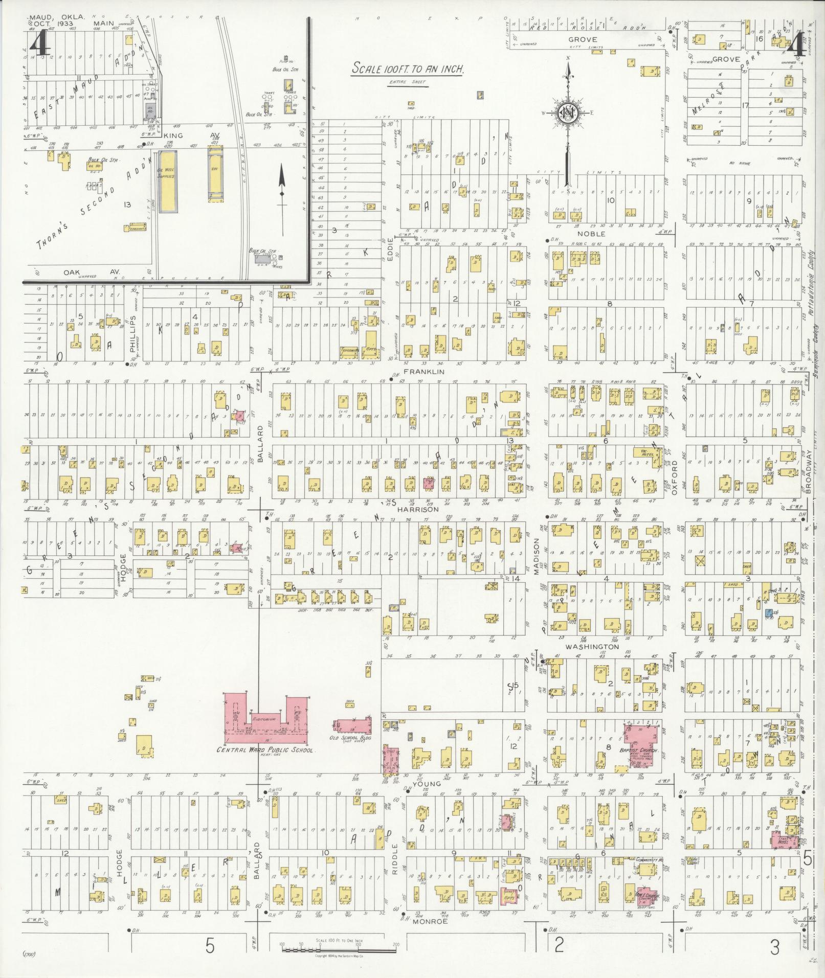 Sanborn Fire Insurance Map from Maud, Pottawatomie County, Oklahoma (1933), Sheet #0004 - Complete Map Set gallery image, historic Sanborn map, vintage wall art, Oklahoma Oklahoma