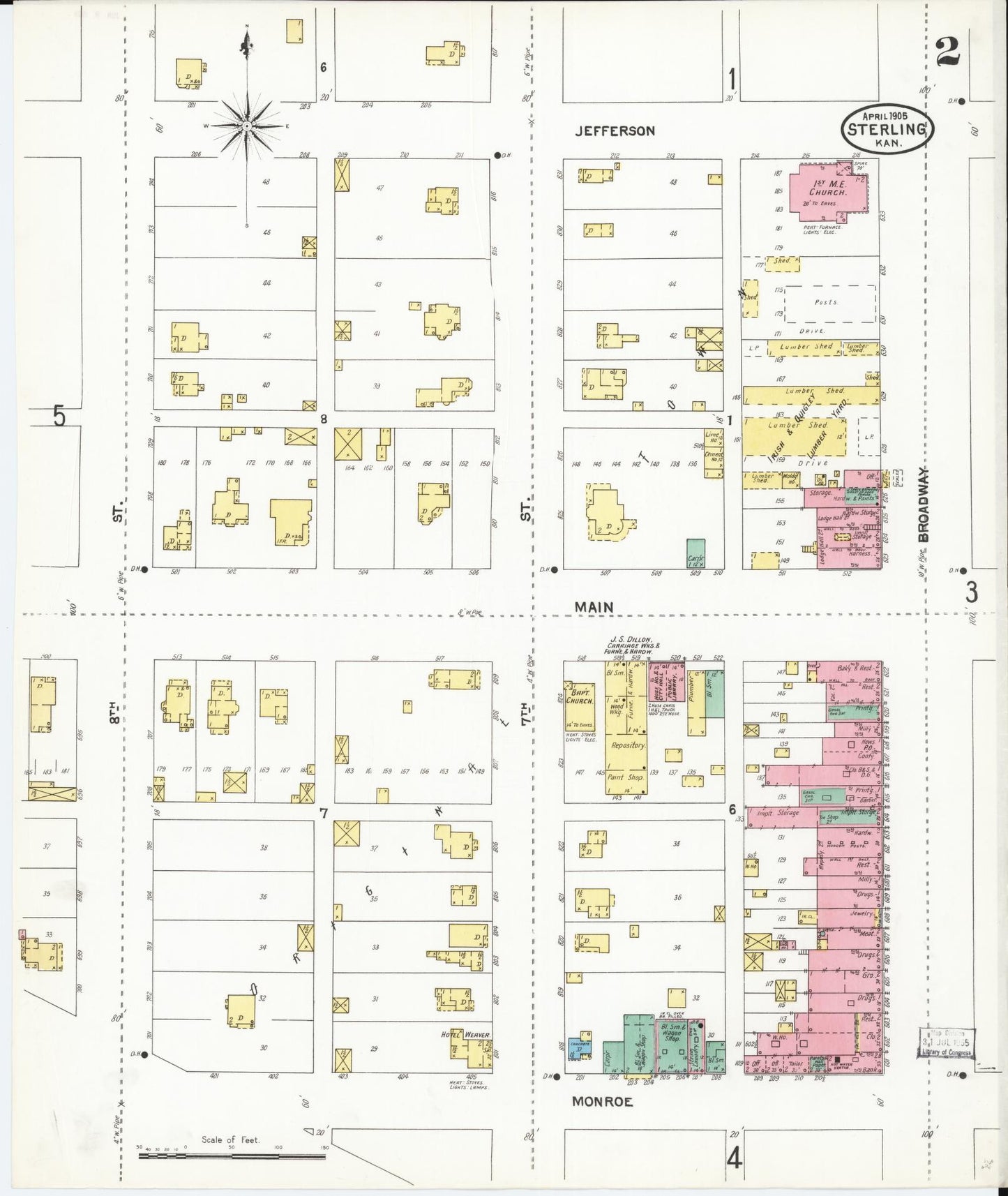 Sanborn Fire Insurance Map from Sterling, Rice County, Kansas (1905), Sheet #0002 - Complete Map Set gallery image, historic Sanborn map, vintage wall art, Kansas Kansas