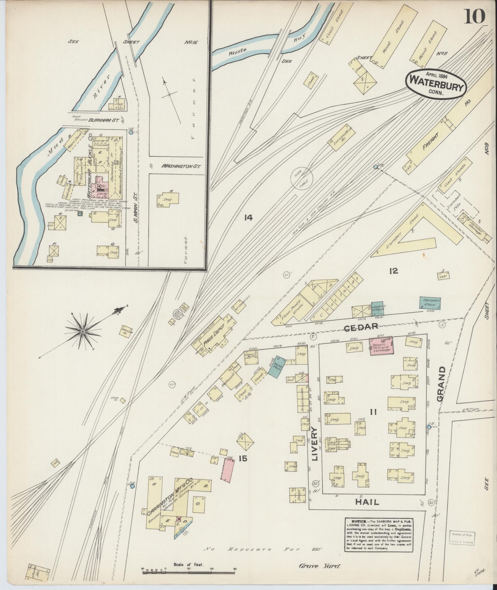 Sanborn Fire Insurance Map from Waterbury, New Haven County, Connecticut (1884), Sheet #0010 - Complete Map Set gallery image, historic Sanborn map, vintage wall art, Connecticut Connecticut