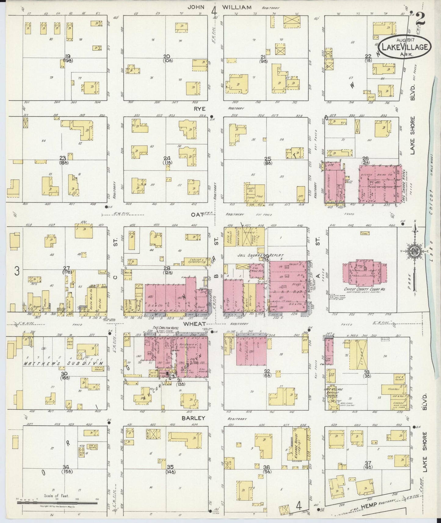 Sanborn Fire Insurance Map from Lake Village, Chicot County, Arkansas (1917), Sheet #0002 - Complete Map Set gallery image, historic Sanborn map, vintage wall art, Arkansas Arkansas