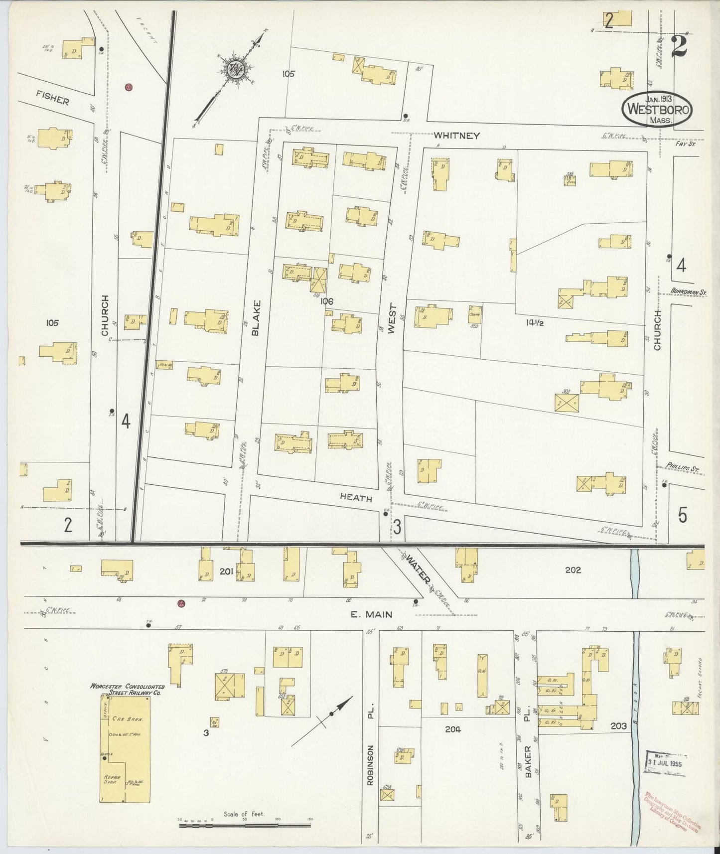 Sanborn Fire Insurance Map from Westboro, Worcester County, Massachusetts (1913), Sheet #0002 - Historic Sanborn Fire Insurance Map Print, vintage old map wall art, antique decor, genealogy gift, Massachusetts Massachusetts map