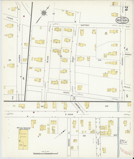 Sanborn Fire Insurance Map from Westboro, Worcester County, Massachusetts (1913), Sheet #0002 - Historic Sanborn Fire Insurance Map Print, vintage old map wall art, antique decor, genealogy gift, Massachusetts Massachusetts map