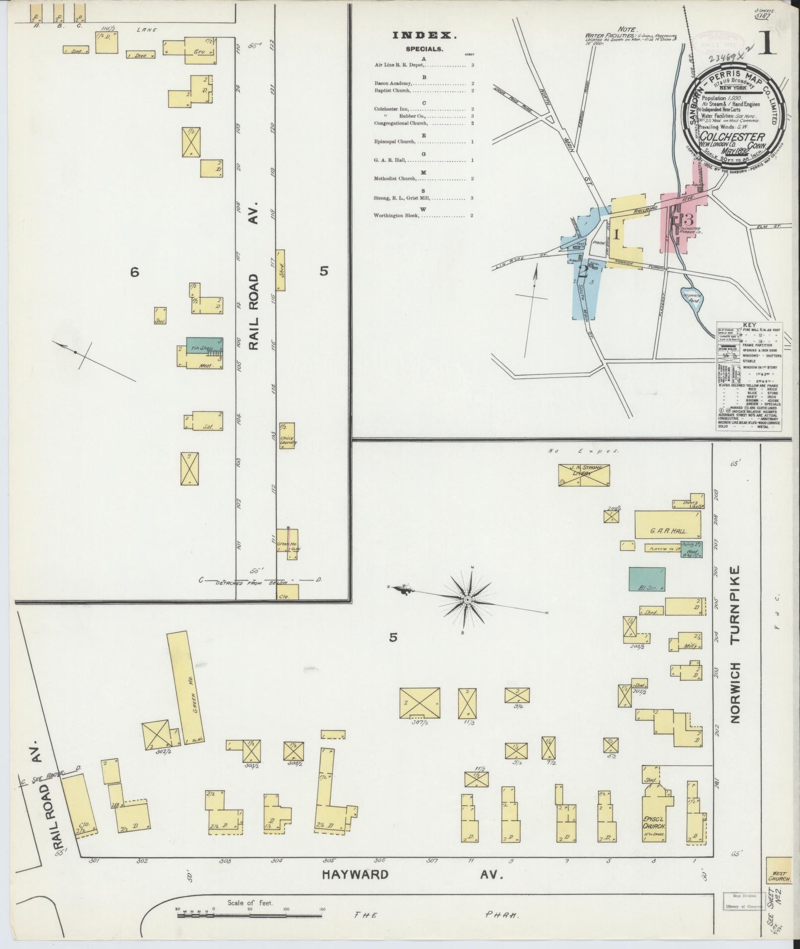 Sanborn Fire Insurance Map from Colchester, New London County, Connecticut (1892), Sheet #0001 - Historic Sanborn Fire Insurance Map Print, vintage old map wall art, antique decor, genealogy gift, Connecticut Connecticut map