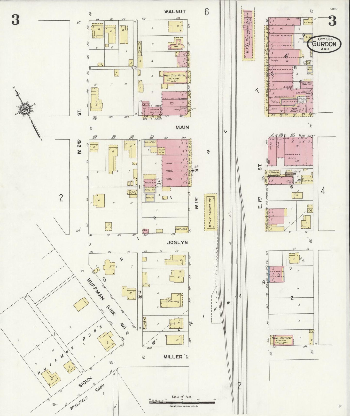 Sanborn Fire Insurance Map from Gurdon, Clark County, Arkansas (1924), Sheet #0003 - Historic Sanborn Fire Insurance Map Print, vintage old map wall art, antique decor, genealogy gift, Arkansas Arkansas map