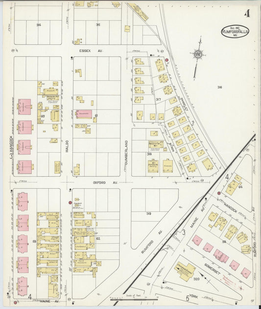 Sanborn Fire Insurance Map from Rumford Falls, Oxford County, Maine (1912), Sheet #0004 - Historic Sanborn Fire Insurance Map Print, vintage old map wall art, antique decor, genealogy gift, Maine Maine map