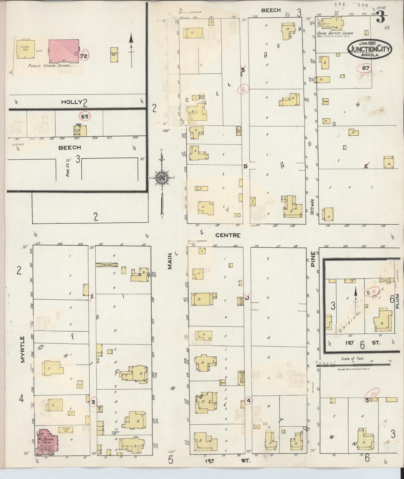 Sanborn Fire Insurance Map from Junction City, Union County. Clairborne And Union Parishes  La., Arkansas (1933), Sheet #0003 - Historic Sanborn Fire Insurance Map Print, vintage old map wall art, antique decor, genealogy gift, Arkansas Arkansas map
