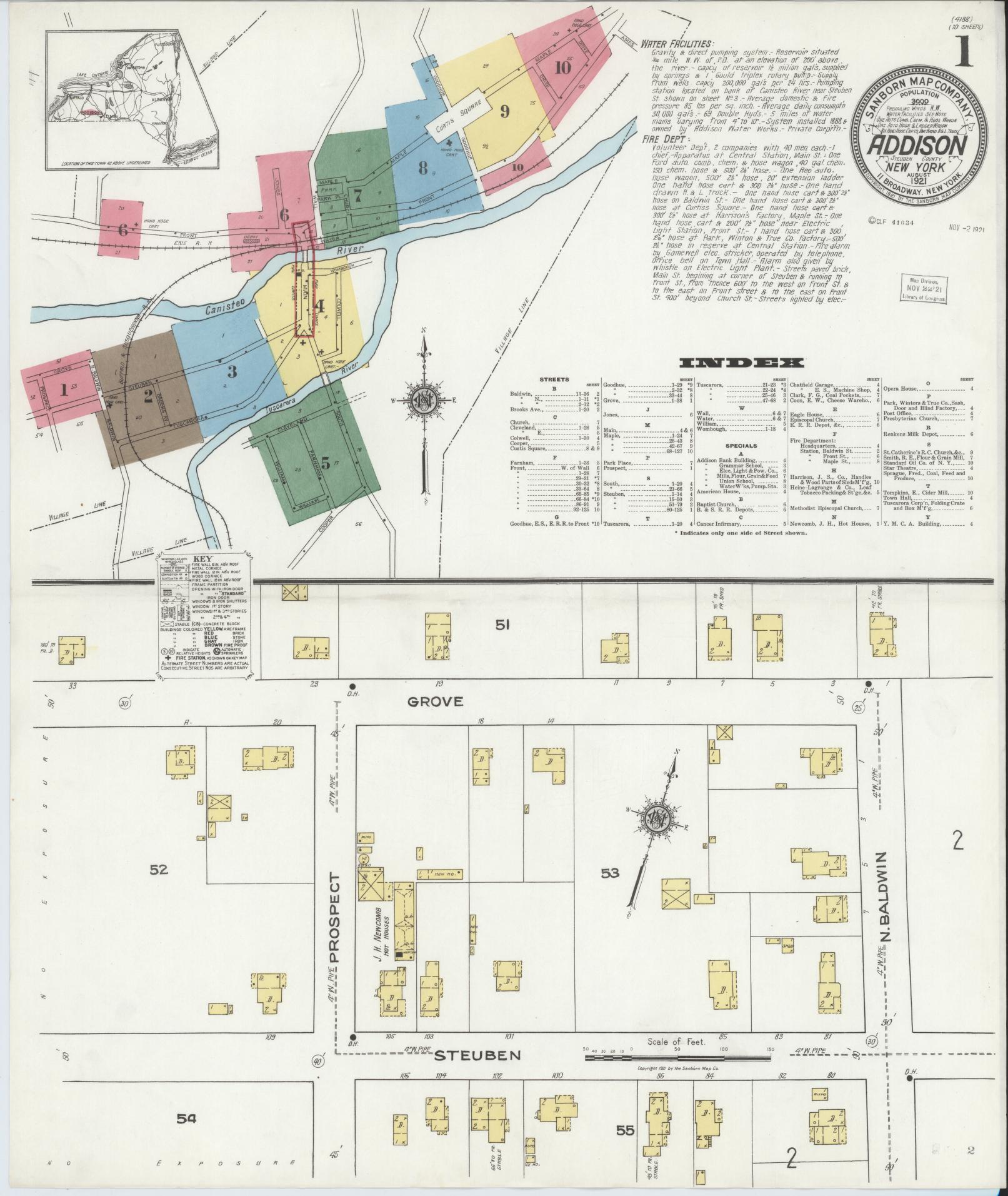 Sanborn Fire Insurance Map from Addison, Steuben County, New York (1921), Sheet #0001 - Historic Sanborn Fire Insurance Map Print, vintage old map wall art, antique decor, genealogy gift, New York New York map