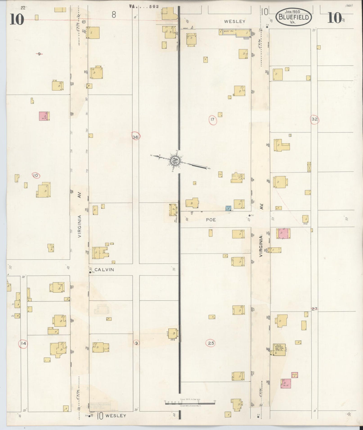 Sanborn Fire Insurance Map from Bluefield, Tazewell County, Virginia (1930), Sheet #0010 - Historic Sanborn Fire Insurance Map Print, vintage old map wall art, antique decor, genealogy gift, Virginia Virginia map
