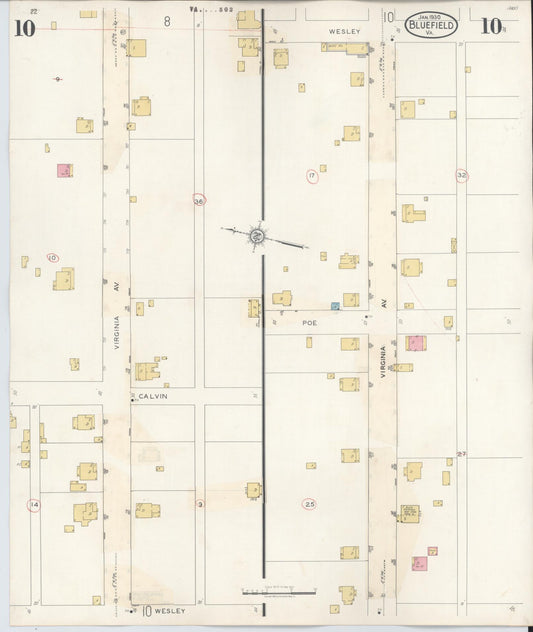 Sanborn Fire Insurance Map from Bluefield, Tazewell County, Virginia (1930), Sheet #0010 - Historic Sanborn Fire Insurance Map Print, vintage old map wall art, antique decor, genealogy gift, Virginia Virginia map