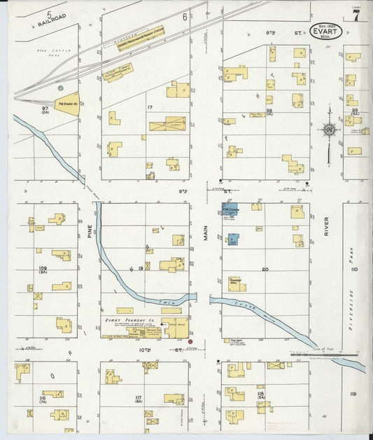 Sanborn Fire Insurance Map from Evart, Osceola County, Michigan (1920), Sheet #0007 - Historic Sanborn Fire Insurance Map Print, vintage old map wall art, antique decor, genealogy gift, Michigan Michigan map