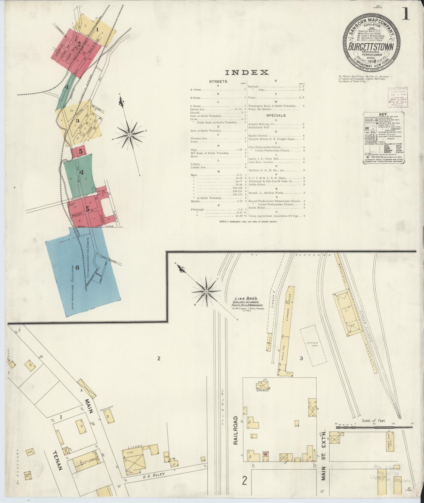 Sanborn Fire Insurance Map from Burgettstown, Washington County, Pennsylvania (1908), Sheet #0001 - Historic Sanborn Fire Insurance Map Print, vintage old map wall art, antique decor, genealogy gift, Pennsylvania Pennsylvania map