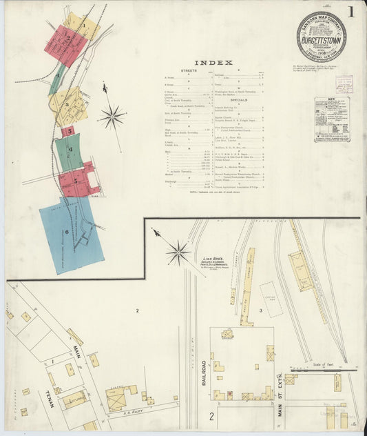 Sanborn Fire Insurance Map from Burgettstown, Washington County, Pennsylvania (1908), Sheet #0001 - Historic Sanborn Fire Insurance Map Print, vintage old map wall art, antique decor, genealogy gift, Pennsylvania Pennsylvania map