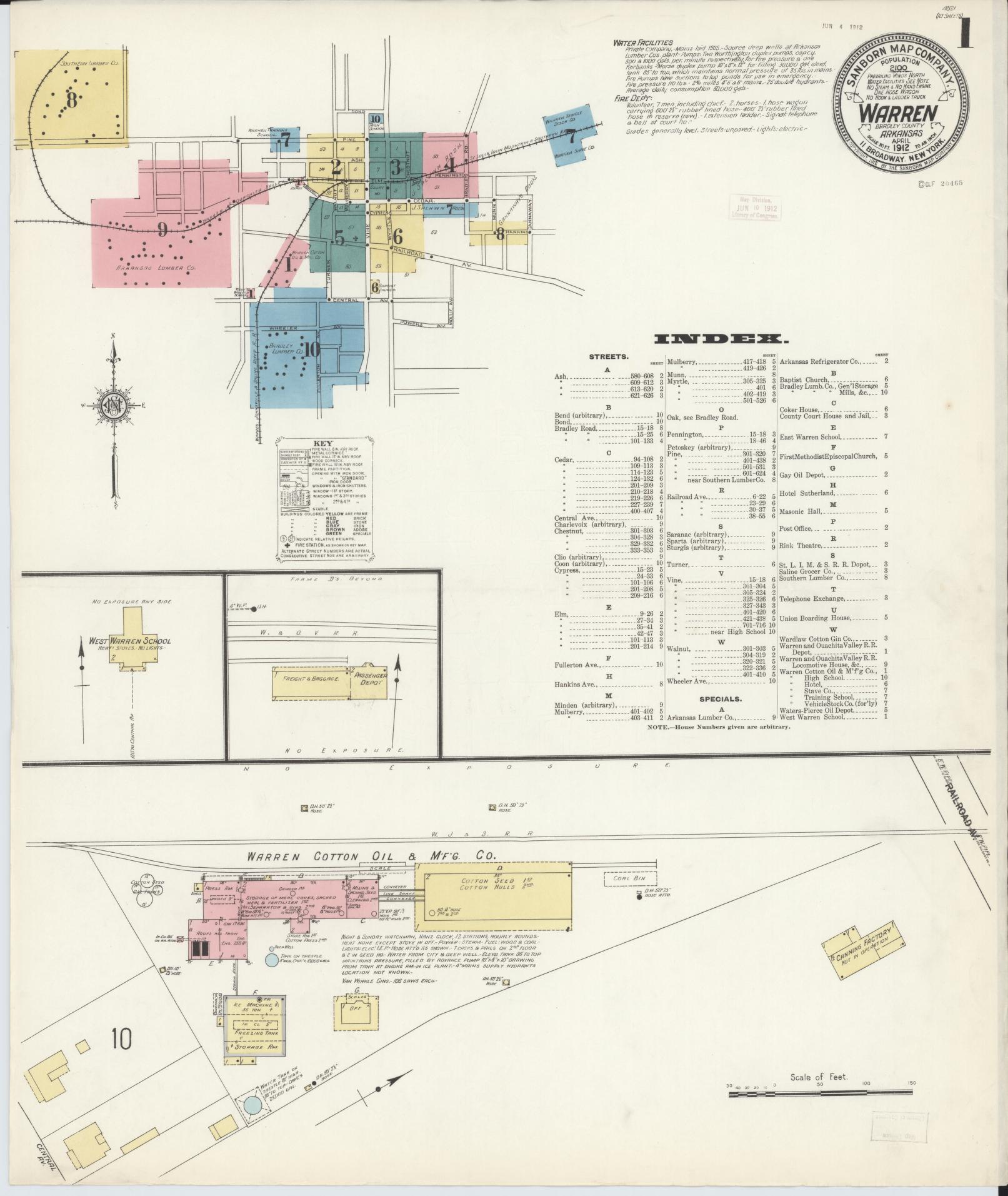 Sanborn Fire Insurance Map from Warren, Bradley County, Arkansas. (1912) – Historic Sanborn Fire Insurance Map Print
