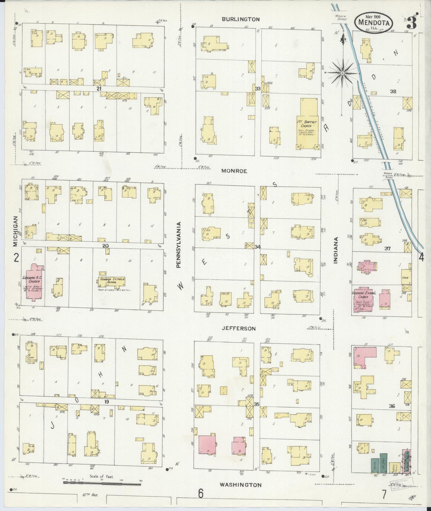Sanborn Fire Insurance Map from Mendota, La Salle County, Illinois (1909), Sheet #0003 - Complete Map Set gallery image, historic Sanborn map, vintage wall art, Illinois Illinois