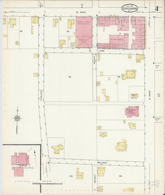Sanborn Fire Insurance Map from Statesboro, Bulloch County, Georgia (1913), Sheet #0004 - Historic Sanborn Fire Insurance Map Print, vintage old map wall art, antique decor, genealogy gift, Georgia Georgia map
