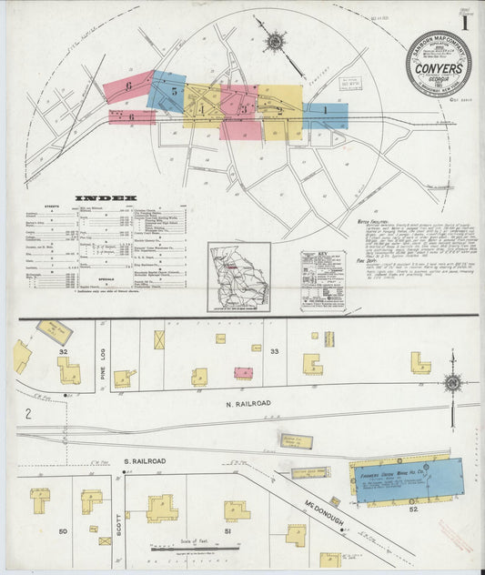 Sanborn Fire Insurance Map from Conyers, Rockdale County, Georgia (1921), Sheet #0001 - Historic Sanborn Fire Insurance Map Print, vintage old map wall art, antique decor, genealogy gift, Georgia Georgia map