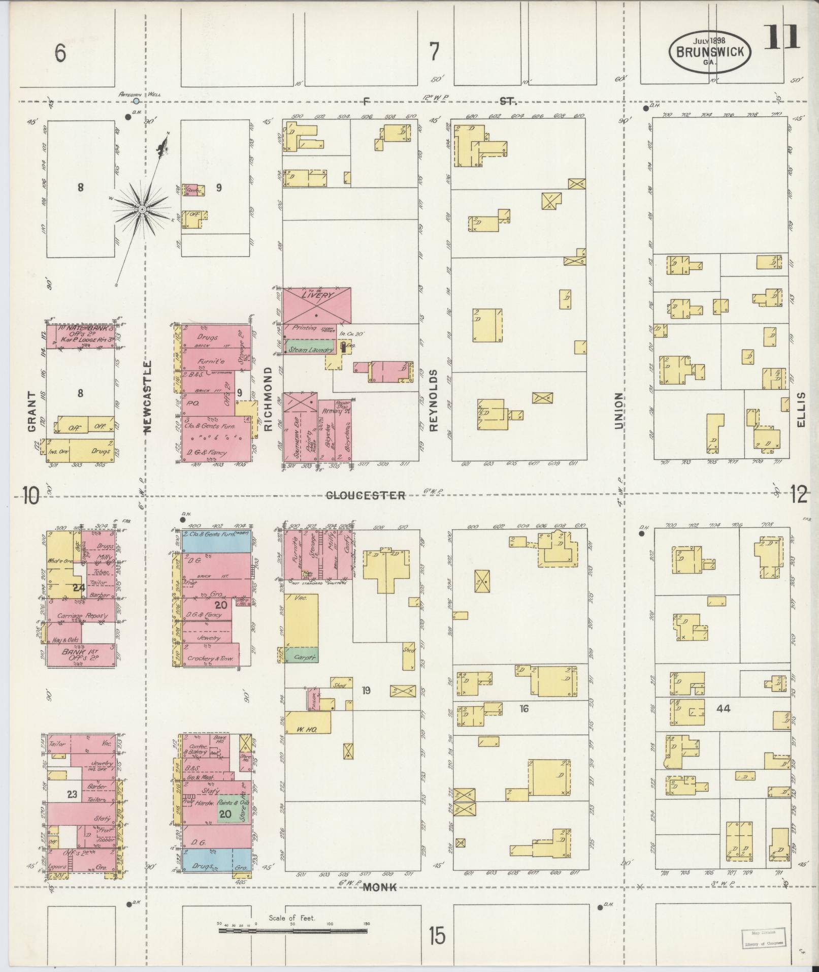 Sanborn Fire Insurance Map from Brunswick, Glynn County, Georgia (1898), Sheet #0011 - Complete Map Set gallery image, historic Sanborn map, vintage wall art, Georgia Georgia