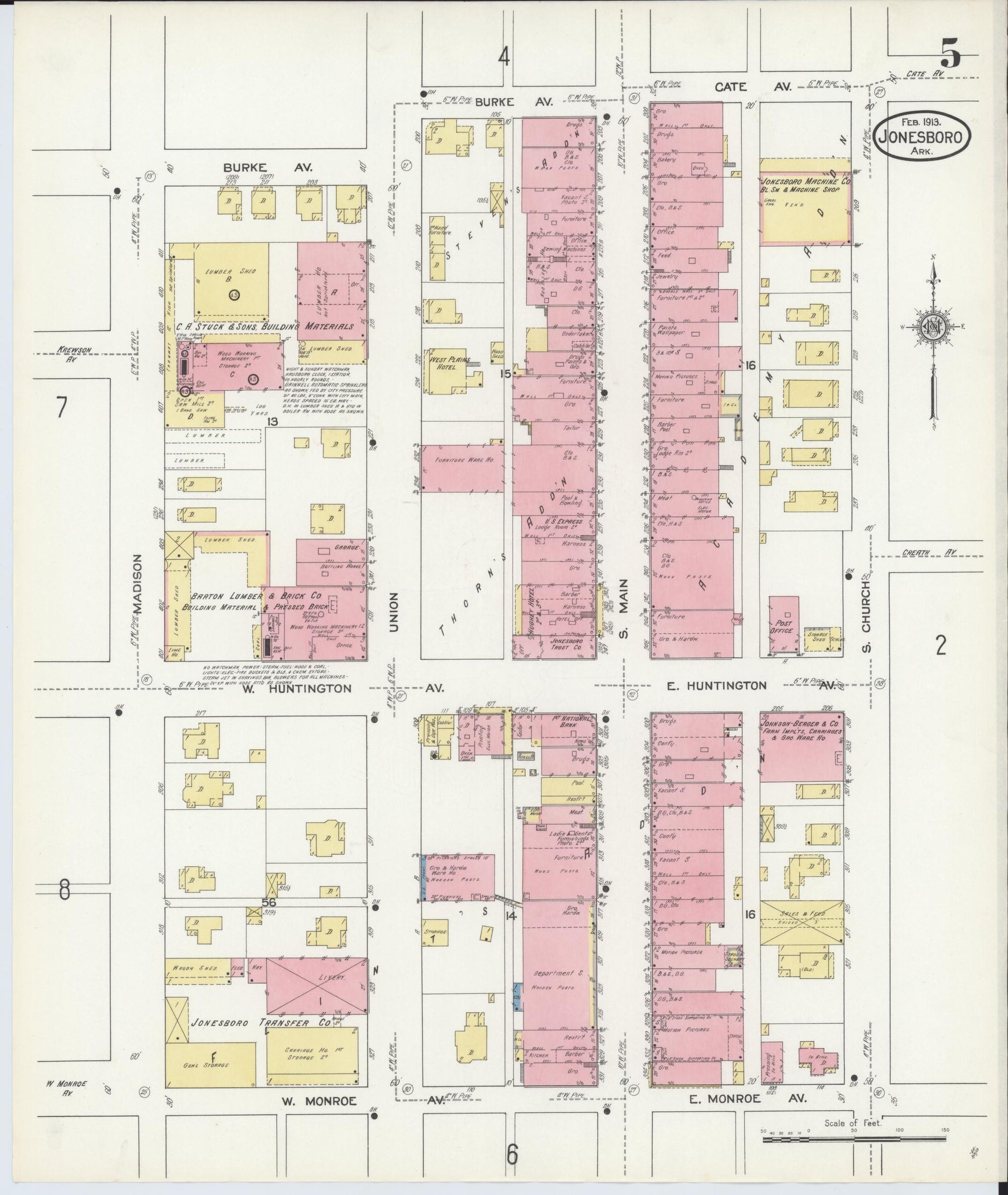 Sanborn Fire Insurance Map from Jonesboro, Craighead County, Arkansas (1913), Sheet #0005 - Historic Sanborn Fire Insurance Map Print, vintage old map wall art, antique decor, genealogy gift, Arkansas Arkansas map